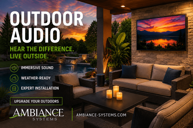 Covered outdoor patio with modern furniture, wall-mounted TV, potted plant, and promotional text for outdoor audio systems by Ambiance Systems.